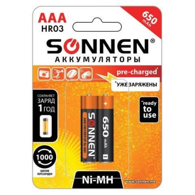 Аккумулятор  Sonnen, AAA (HR03) Ni-Mh, 650mAh комплект 2 шт/блистер (2)