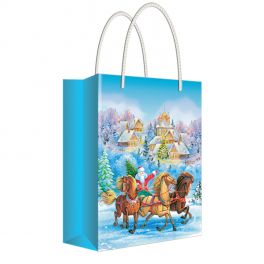 Пакет  бумаж/лам  11*13,5*6см, Русский дизайн Дед Мороз на санях с лошадьми (10)