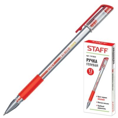 Ручка гел.  STAFF  красная 0.5мм, рез.держ., корпус прозрачный (12)