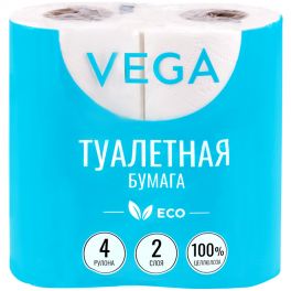 Туалетная бумага 2-х слойная Vega эко,  (4шт/уп*15м) белая (12)