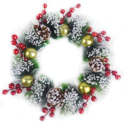 Венок новогодний заснеженный, с золотыми украшениями, шишками и ягодами, диаметр 25см